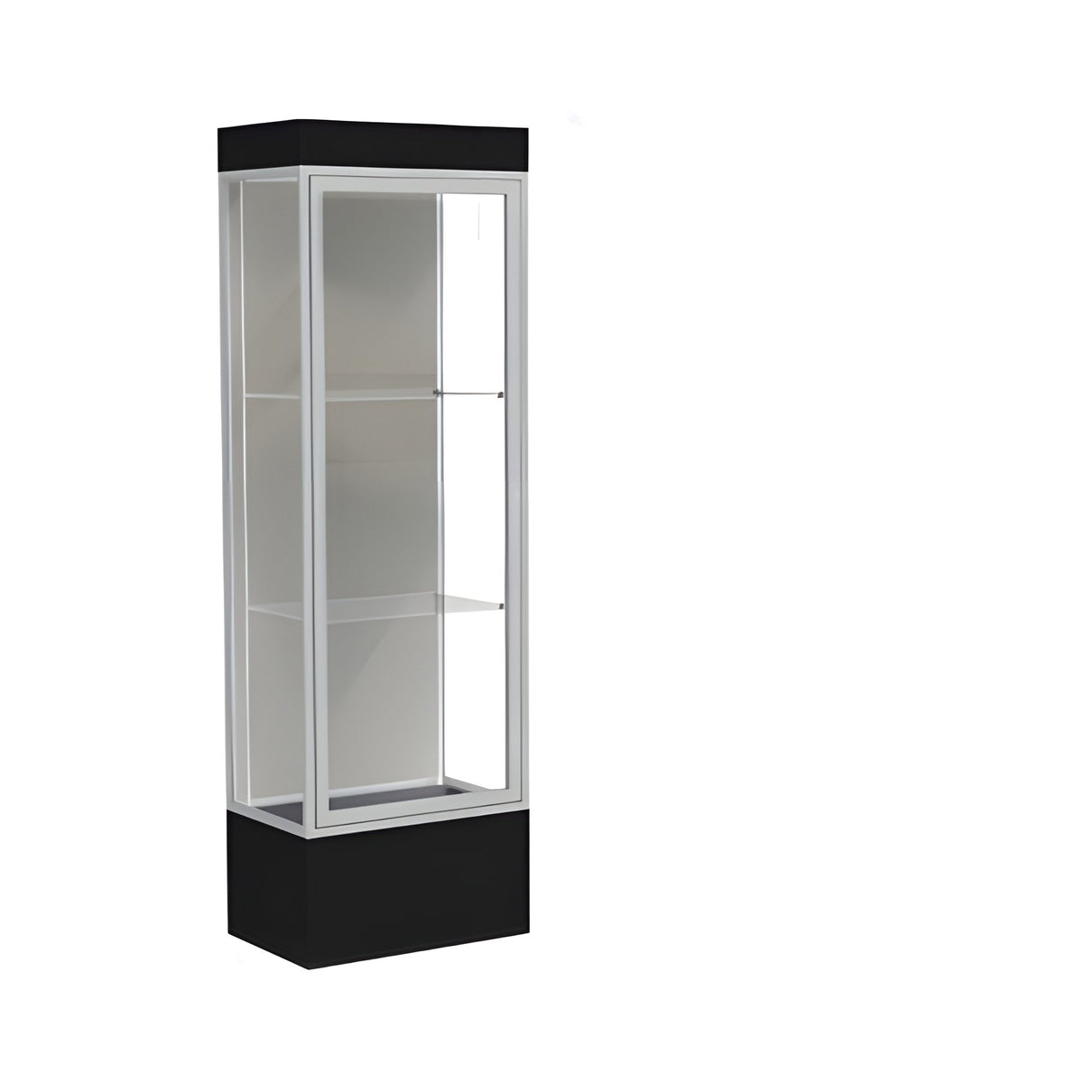 Edge Lighted Floor Display Case, 12" Black Base w/ Harbor Back and Satin Natural Aluminum Frame, 76"H x 24"W x 20"D