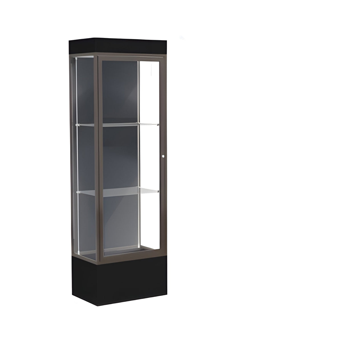 Edge Lighted Floor Display Case, 12" Black Base w/ Slate Back and Dark Bronze Aluminum Frame, 76"H x 24"W x 20"D