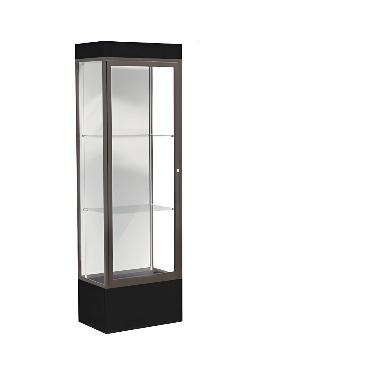 Edge Lighted Floor Display Case, 12" Black Base w/ White Back and Dark Bronze Aluminum Frame, 76"H x 24"W x 20"D