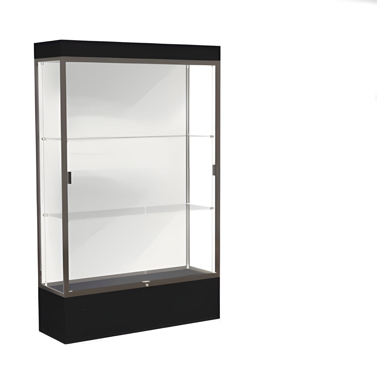 Edge Lighted Floor Display Case, 12" Black Base w/ White Back and Dark Bronze Aluminum Frame, 76"H x 48"W x 20"D
