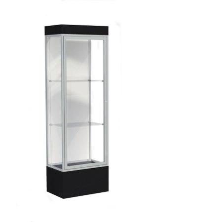 Edge Lighted Floor Display Case, 12" Black Base w/ White Back and Satin Natural Aluminum Frame, 76"H x 24"W x 20"D