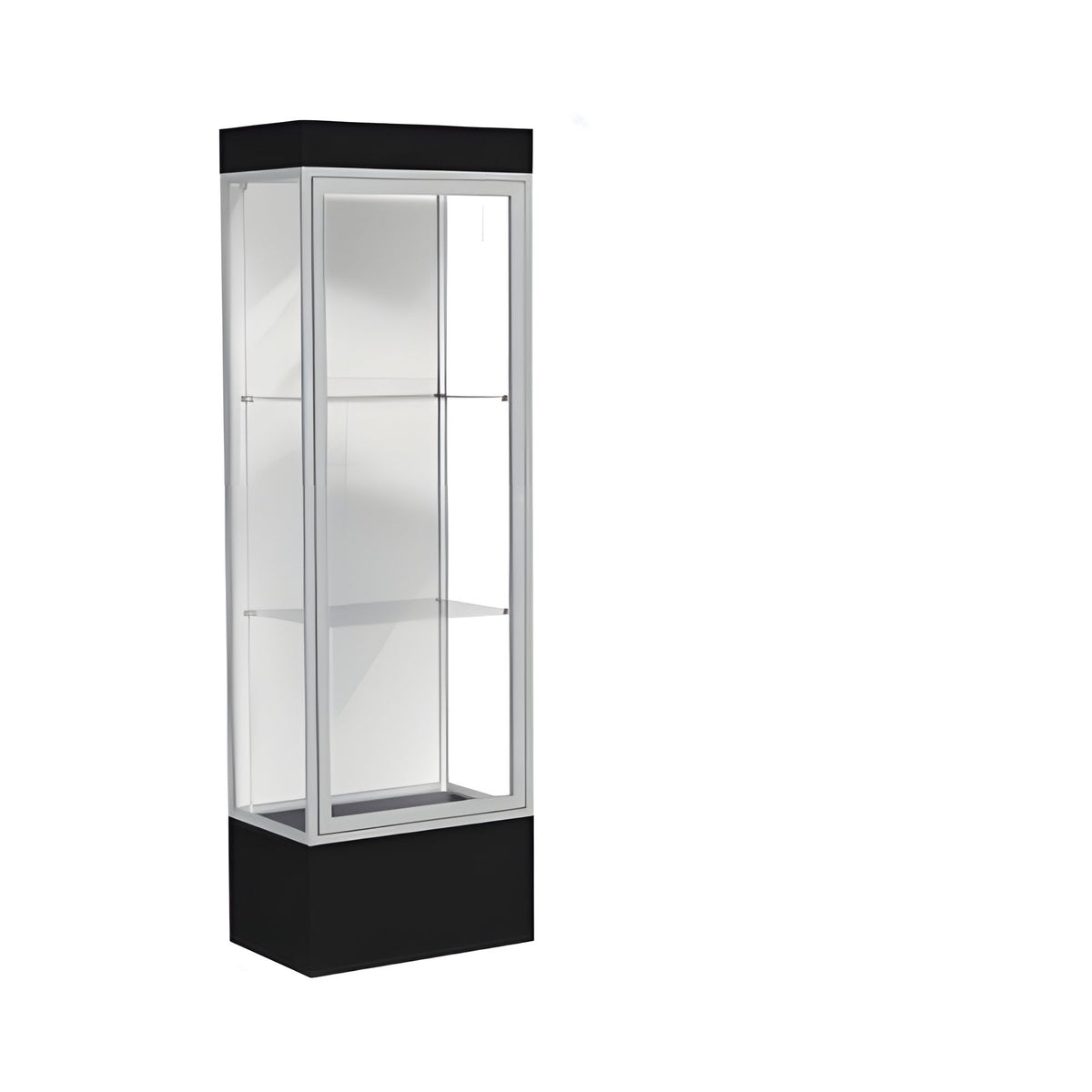 Edge Lighted Floor Display Case, 12" Black Base w/ White Back and Satin Natural Aluminum Frame, 76"H x 24"W x 20"D
