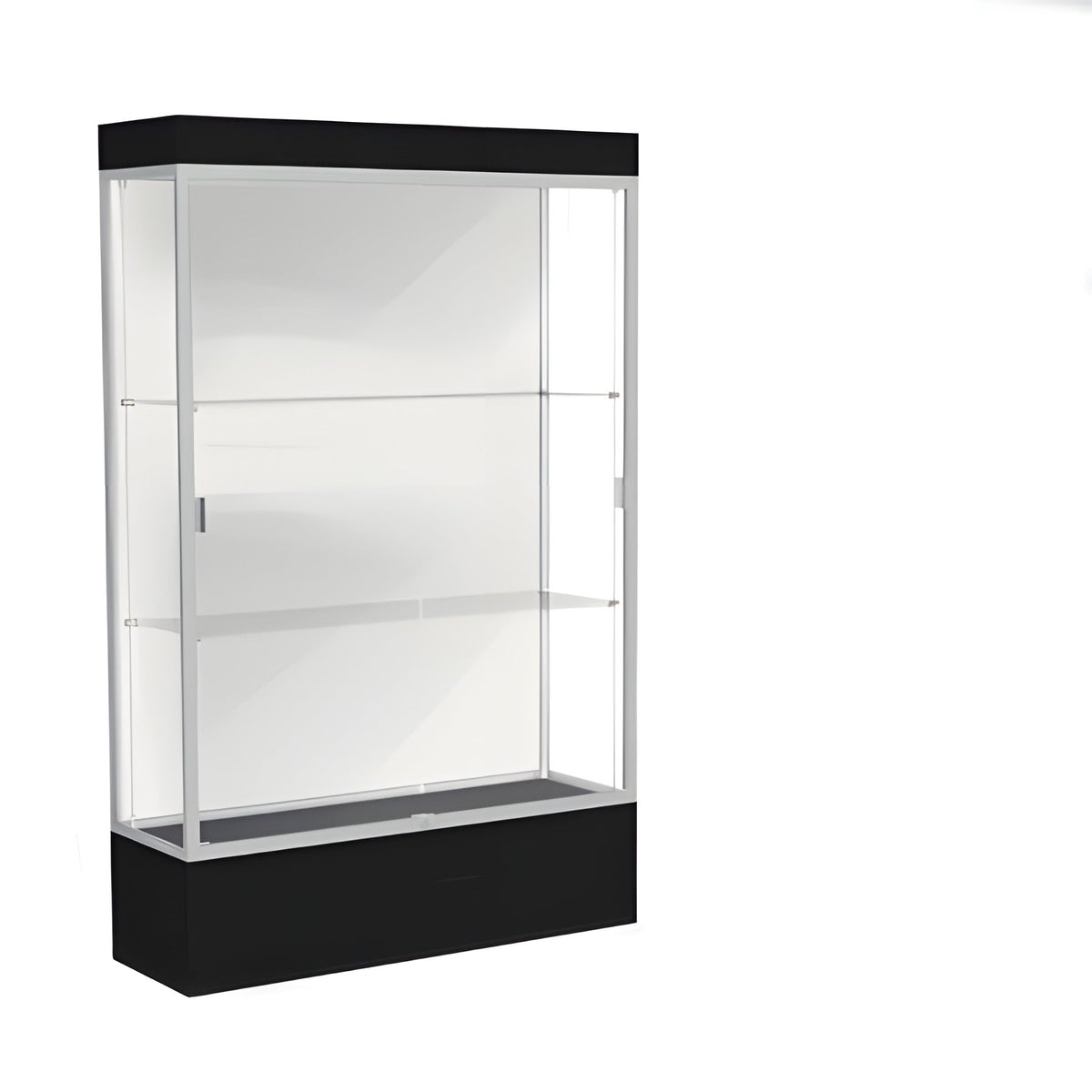 Edge Lighted Floor Display Case, 12" Black Base w/ White Back and Satin Natural Aluminum Frame, 76"H x 48"W x 20"D