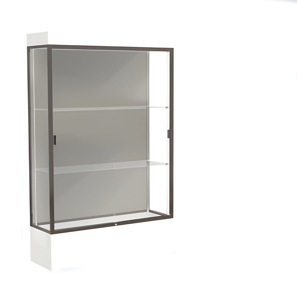 Edge Lighted Floor Display Case, 12" Frosty White Base w/ Harbor Back and Dark Bronze Aluminum Frame, 76"H x 48"W x 20"D