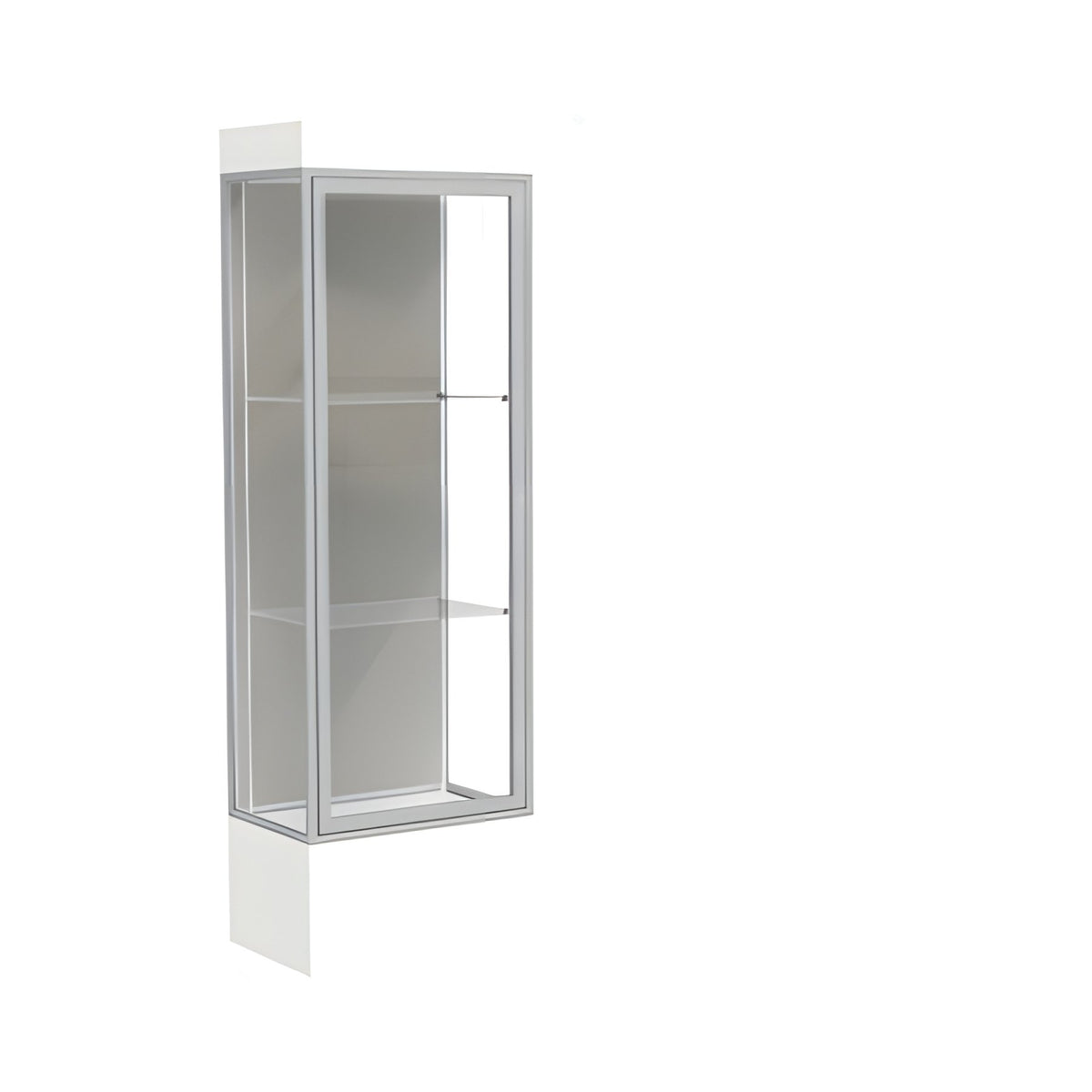Edge Lighted Floor Display Case, 12" Frosty White Base w/ Harbor Back and Satin Natural Aluminum Frame, 76"H x 24"W x 20"D