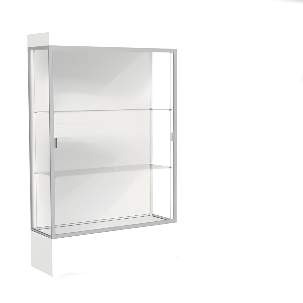 Edge Lighted Floor Display Case, 12" Frosty White Base w/ White Back and Satin Natural Aluminum Frame, 76"H x 48"W x 20"D