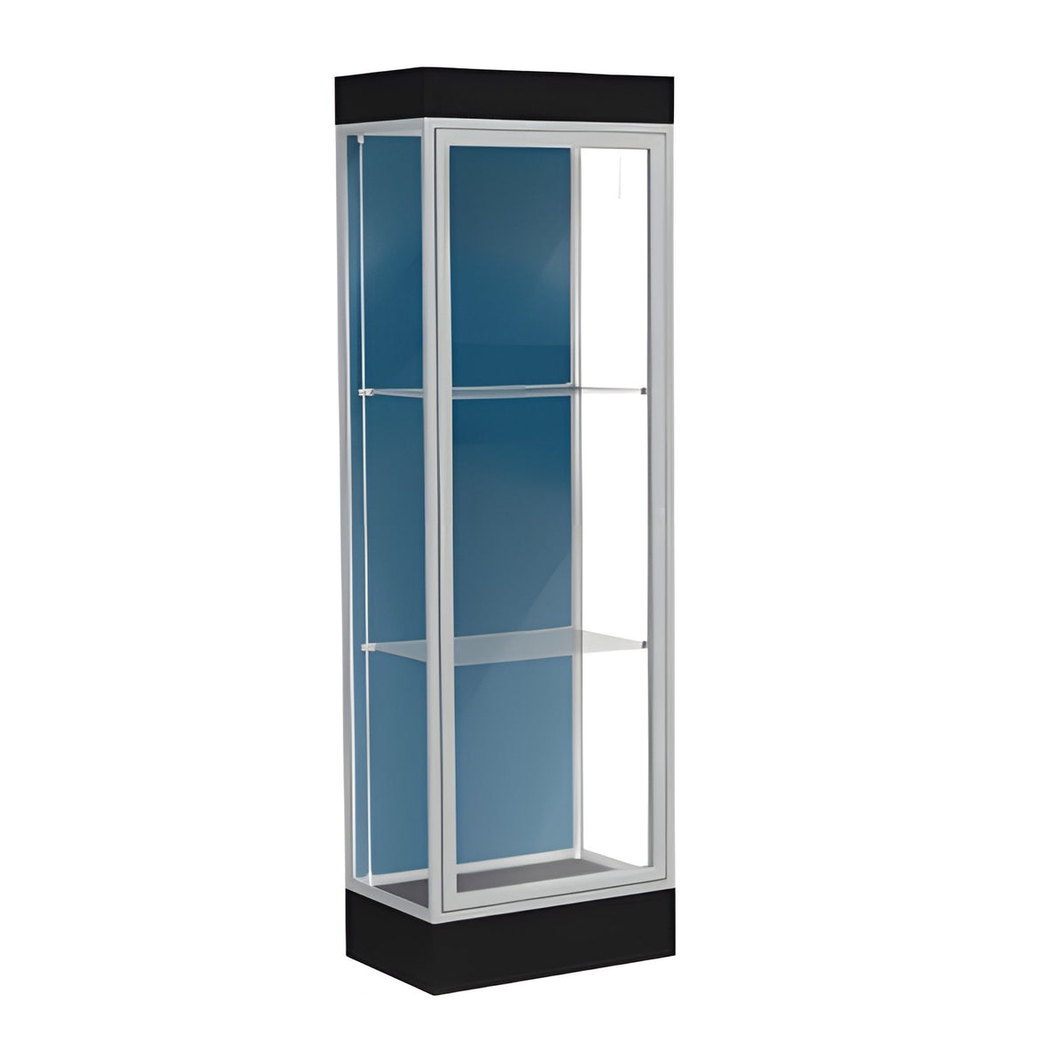 Edge Lighted Floor Display Case, 6" Black Base w/ Blue Steel Back and Satin Natural Aluminum Frame, 76"H x 24"W x 20"D