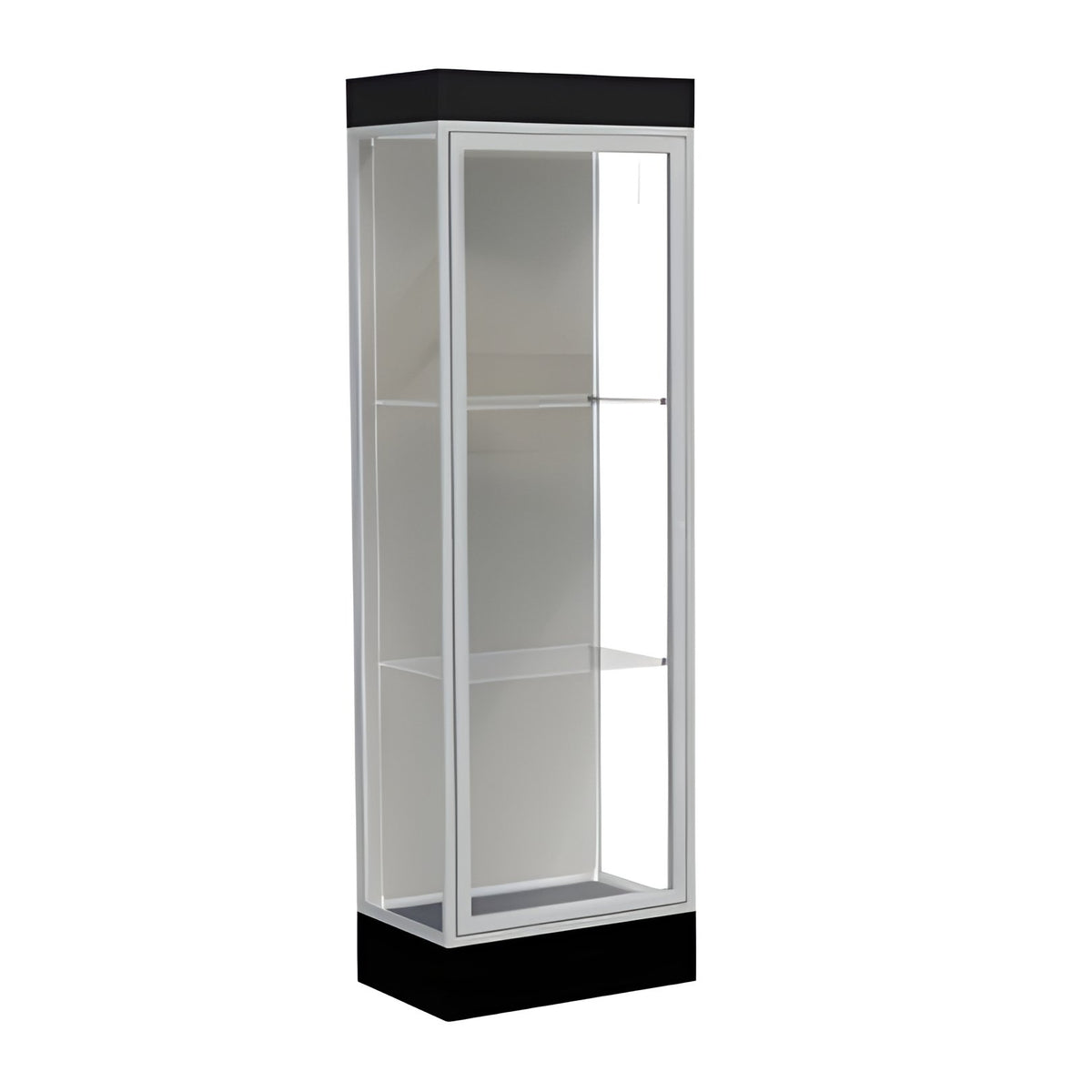 Edge Lighted Floor Display Case, 6" Black Base w/ Harbor Back and Satin Natural Aluminum Frame, 76"H x 24"W x 20"D