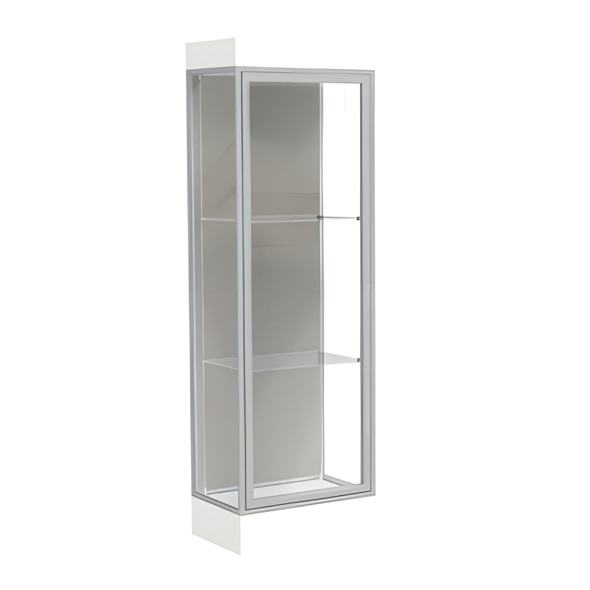 Edge Lighted Floor Display Case, 6" Frosty White Base w/ Harbor Back and Satin Natural Aluminum Frame, 76"H x 24"W x 20"D