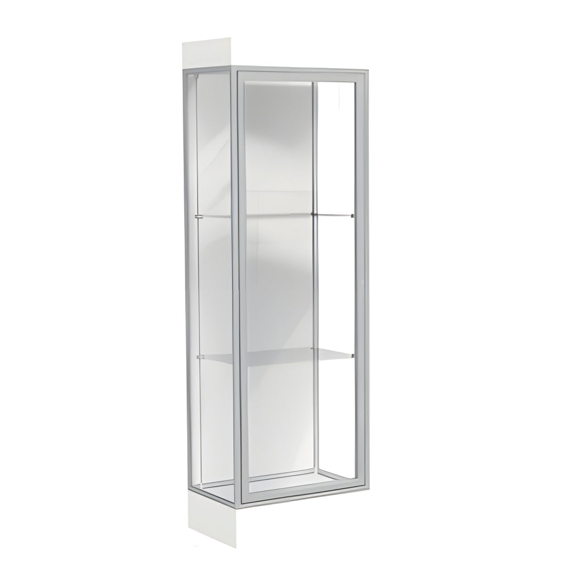 Edge Lighted Floor Display Case, 6" Frosty White Base w/ White Back and Satin Natural Aluminum Frame, 76"H x 24"W x 20"D