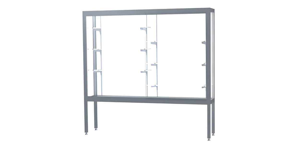 Challenger Aluminum Display Case, White Laminate Back w/ Satin Natural aluminum frame finish, 66"H x 72"W x 16"D