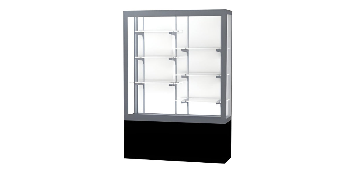Challenger Black Laminate Display Case, White Laminate Back w/ Satin Natural aluminum frame finish, 66"H x 48"W x 16"D