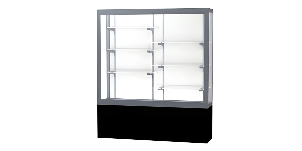 Challenger Black Laminate Display Case, White Laminate Back w/ Satin Natural aluminum frame finish, 66"H x 60"W x 16"D