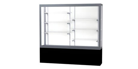 Challenger Black Laminate Display Case, White Laminate Back w/ Satin Natural aluminum frame finish, 66"H x 72"W x 16"D