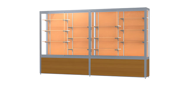 Challenger Light Oak Vinyl Display Case, Cork Back w/ Satin Natural aluminum frame finish, 66"H x 120"W x 16"D