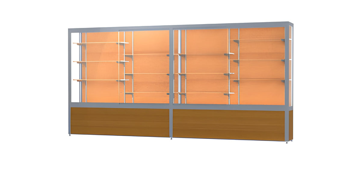 Challenger Light Oak Vinyl Display Case, Cork Back w/ Satin Natural aluminum frame finish, 66"H x 144"W x 16"D