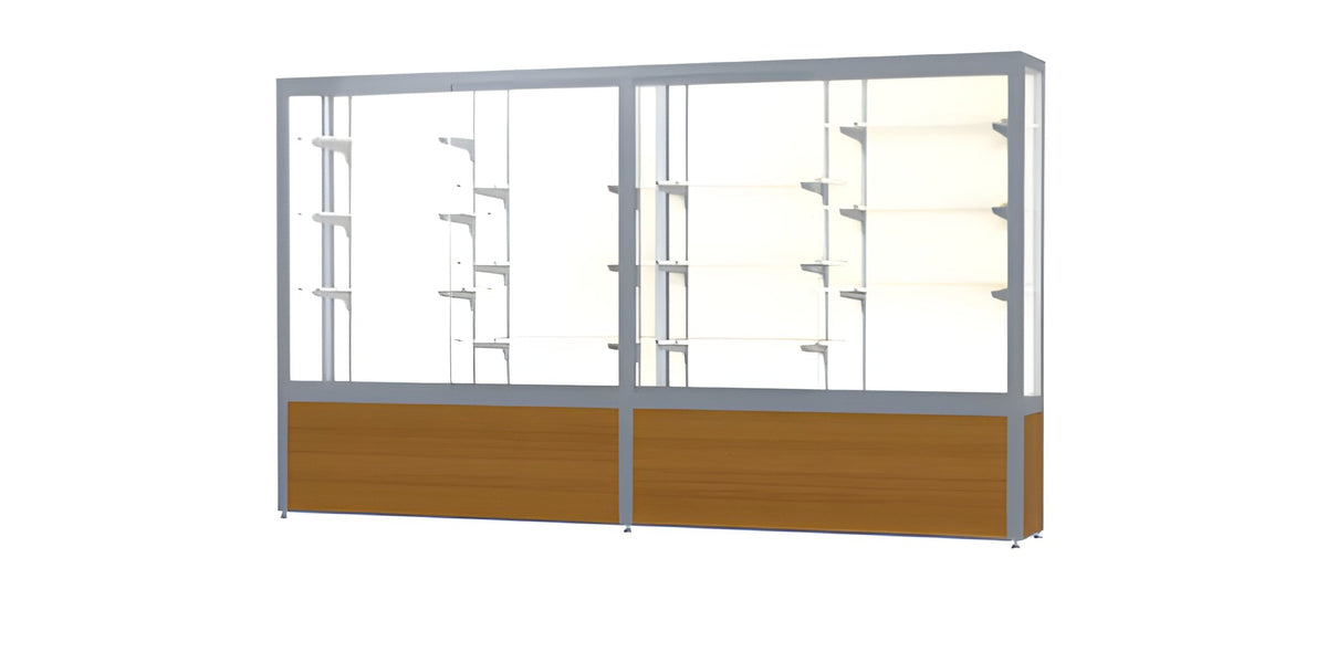 Challenger Light Oak Vinyl Display Case, Plaque Fabric Back w/ Satin Natural aluminum frame finish, 66"H x 120"W x 16"D