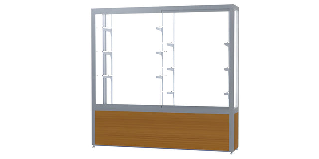 Challenger Light Oak Vinyl Display Case, White Laminate Back w/ Satin Natural aluminum frame finish, 66"H x 72"W x 16"D