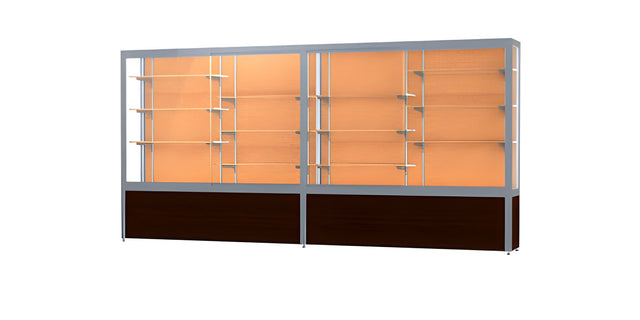 Challenger Walnut Vinyl Display Case, Cork Back w/ Satin Natural aluminum frame finish, 66"H x 144"W x 16"D