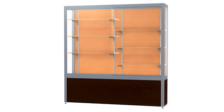 Challenger Walnut Vinyl Display Case, Cork Back w/ Satin Natural aluminum frame finish, 66"H x 72"W x 16"D