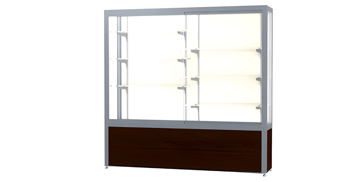 Challenger Walnut Vinyl Display Case, Plaque Fabric Back w/ Satin Natural aluminum frame finish, 66"H x 72"W x 16"D