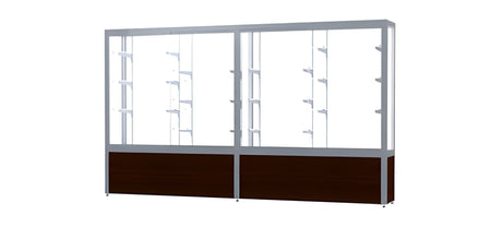 Challenger Walnut Vinyl Display Case, White Laminate Back w/ Satin Natural aluminum frame finish, 66"H x 120"W x 16"D
