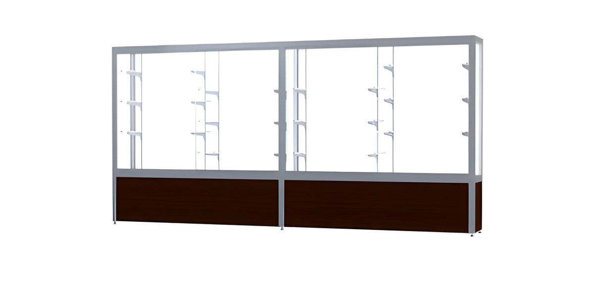 Challenger Walnut Vinyl Display Case, White Laminate Back w/ Satin Natural aluminum frame finish, 66"H x 144"W x 16"D