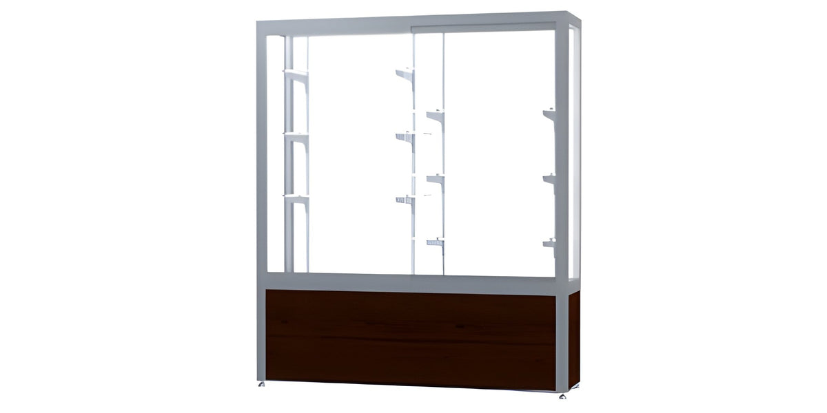 Challenger Walnut Vinyl Display Case, White Laminate Back w/ Satin Natural aluminum frame finish, 66"H x 60"W x 16"D