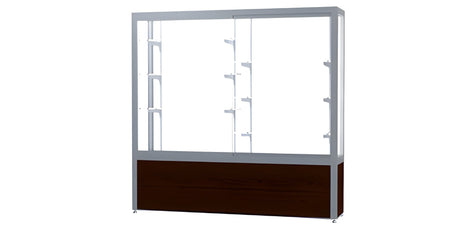 Challenger Walnut Vinyl Display Case, White Laminate Back w/ Satin Natural aluminum frame finish, 66"H x 72"W x 16"D