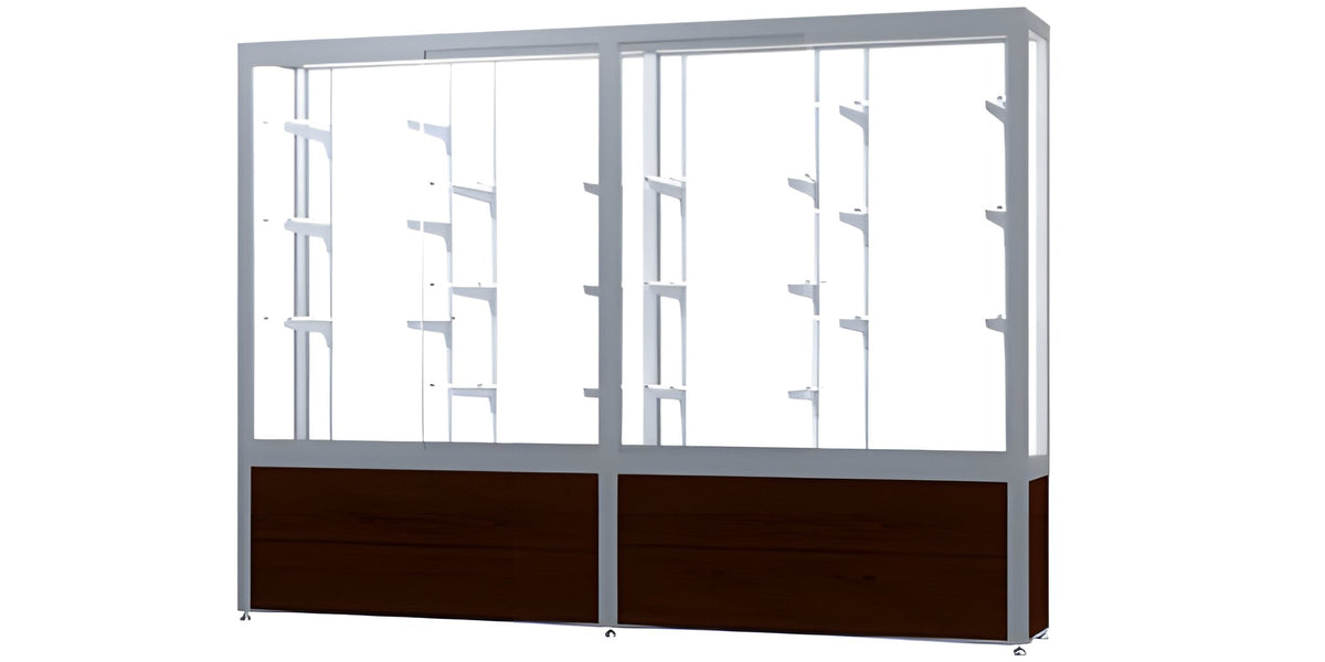 Challenger Walnut Vinyl Display Case, White Laminate Back w/ Satin Natural aluminum frame finish, 66"H x 96"W x 16"D