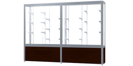 Challenger Walnut Vinyl Display Case, White Laminate Back w/ Satin Natural aluminum frame finish, 66"H x 96"W x 16"D