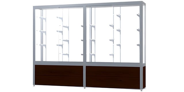 Challenger Walnut Vinyl Display Case, White Laminate Back w/ Satin Natural aluminum frame finish, 66"H x 96"W x 16"D
