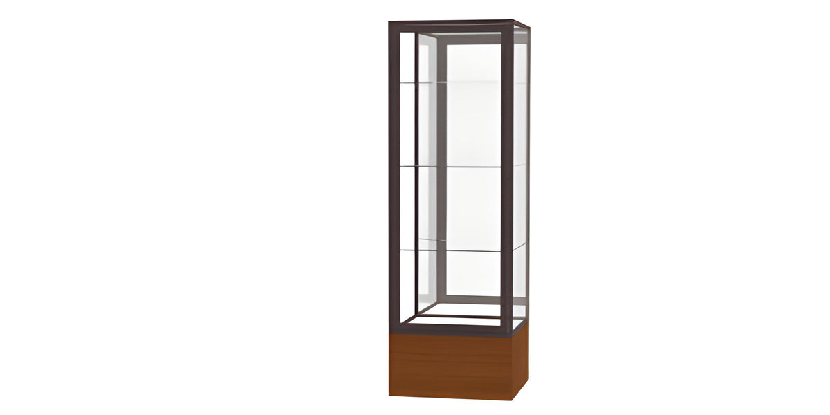 Keepsake Carmel Oak Floor Display Case w/ Mirror back and Dark Bronze Aluminum Frame, 72"H x 24"W x 24"D