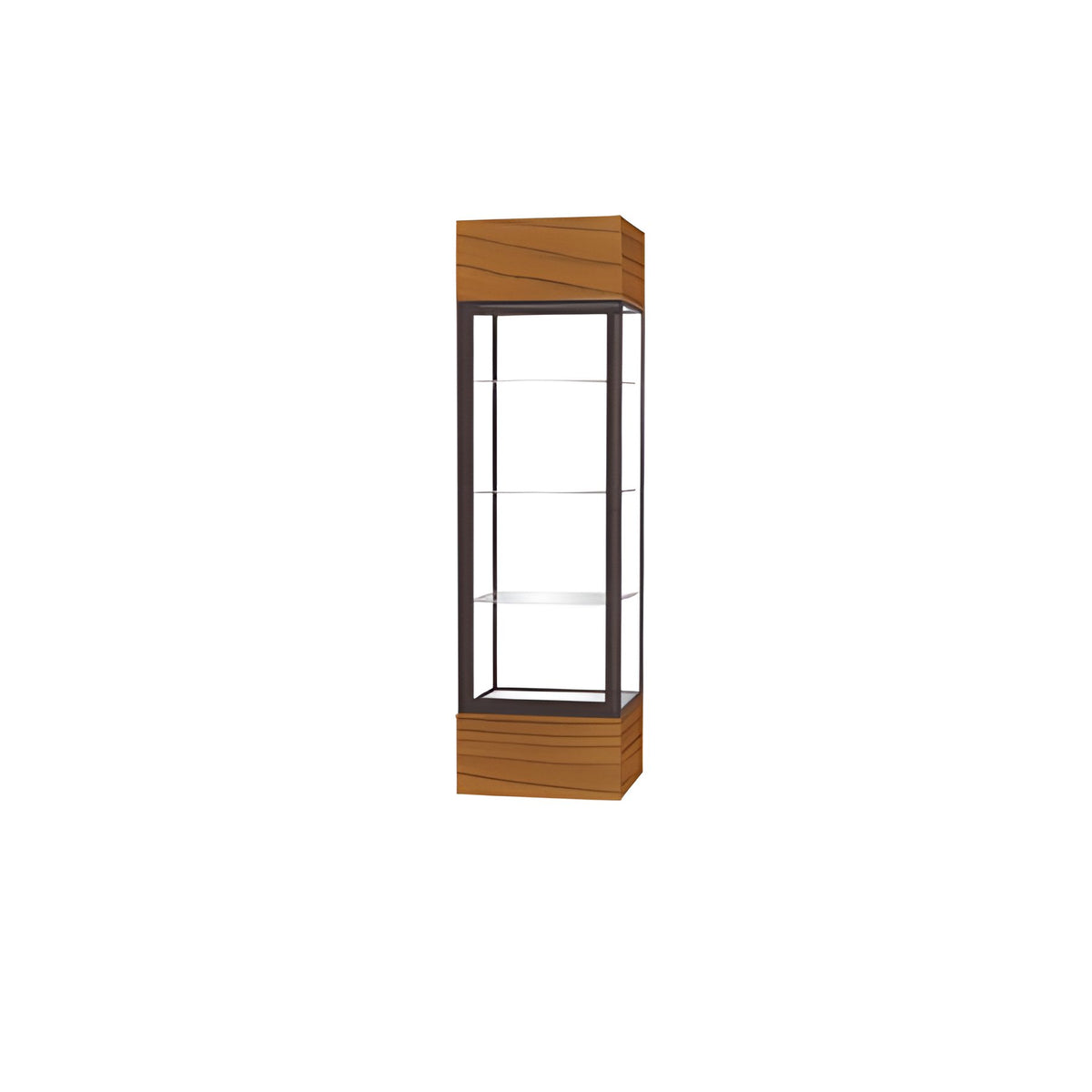 Keepsake Carmel Oak Lighted Display Case w/ Clear Glass back and Dark Bronze Aluminum Frame, 80"H x 24"W x 24"D