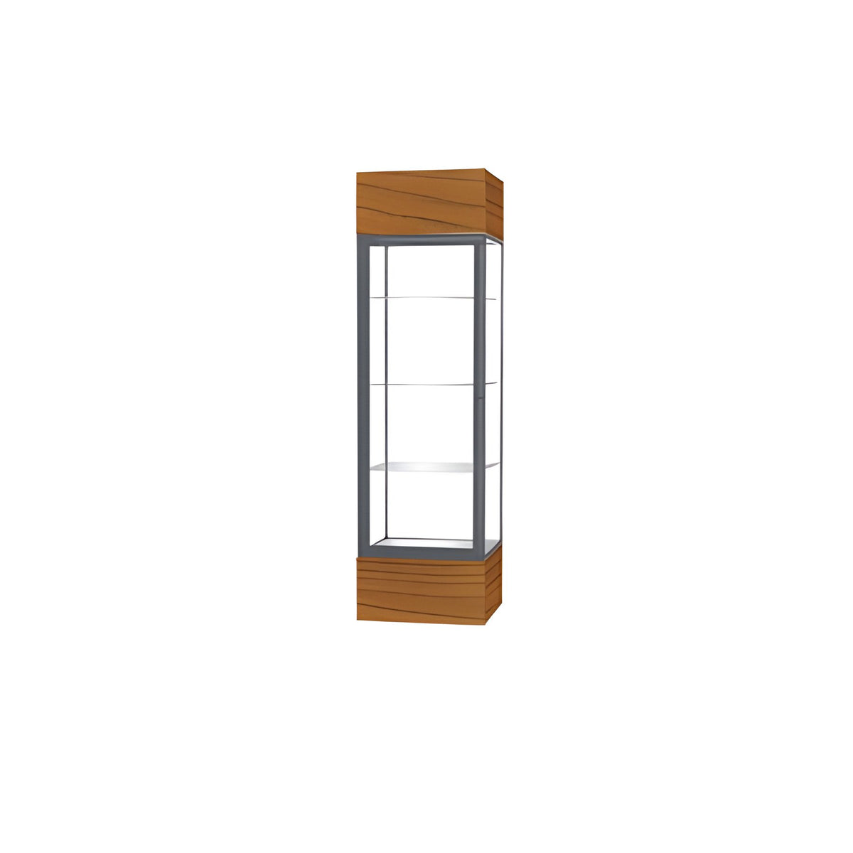 Keepsake Carmel Oak Lighted Display Case w/ Clear Glass back and Satin Natural Aluminum Frame, 80"H x 24"W x 24"D