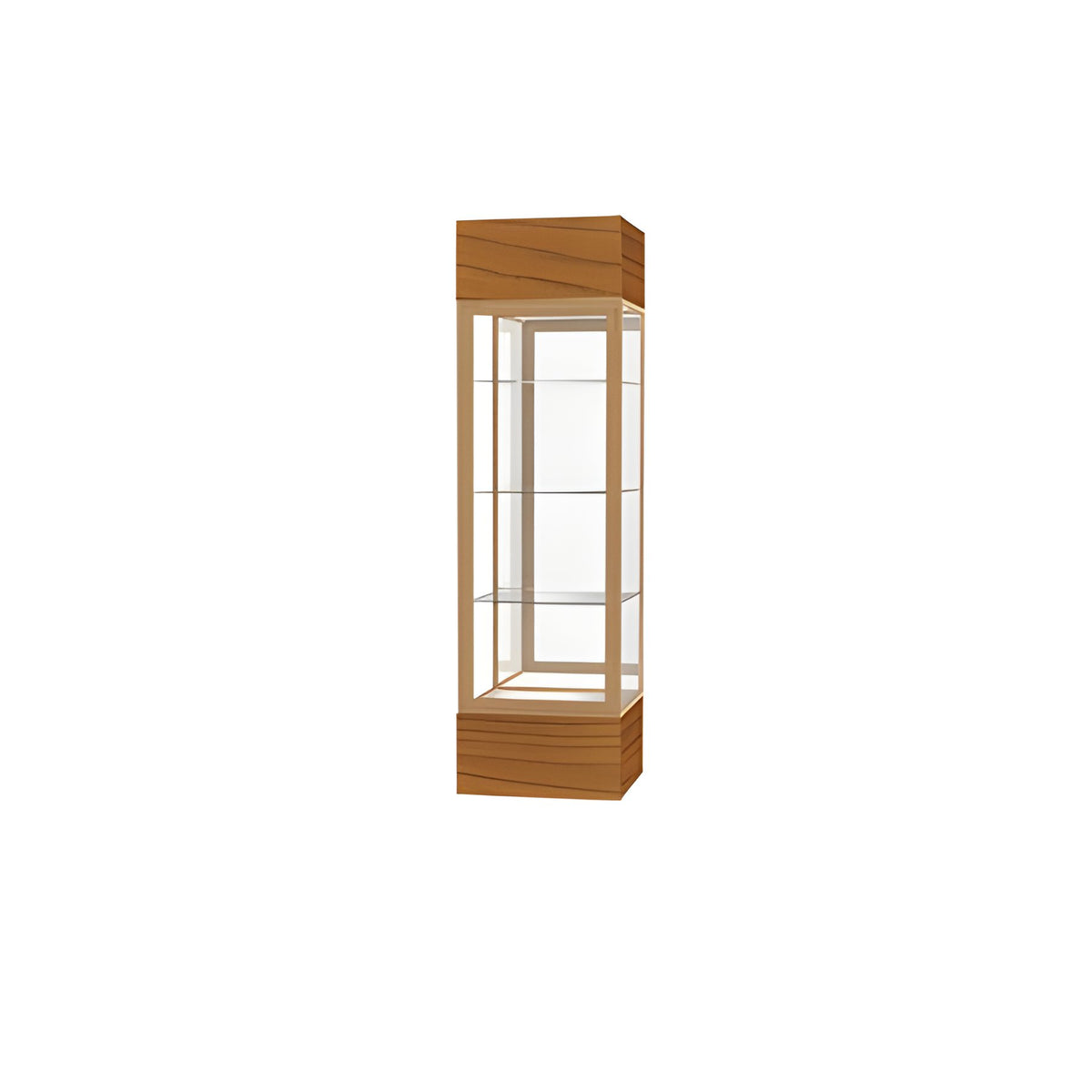 Keepsake Carmel Oak Lighted Display Case w/ Mirror back and Champagne Aluminum Frame, 80"H x 24"W x 24"D