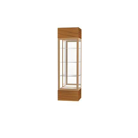 Keepsake Carmel Oak Lighted Display Case w/ Mirror back and Champagne Aluminum Frame, 80"H x 24"W x 24"D