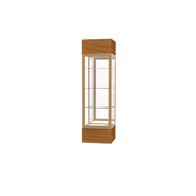 Keepsake Carmel Oak Lighted Display Case w/ Mirror back and Champagne Aluminum Frame, 80"H x 24"W x 24"D