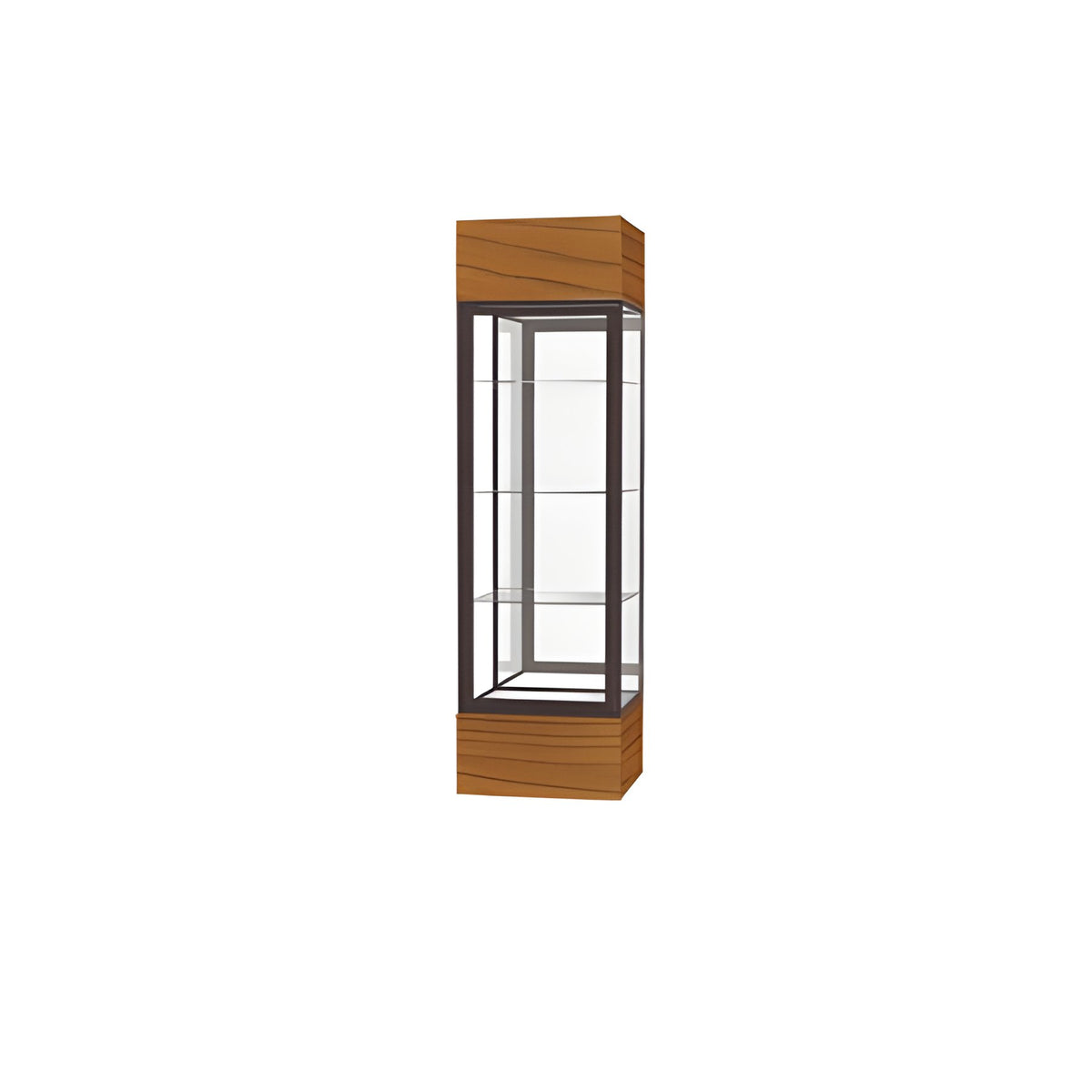 Keepsake Carmel Oak Lighted Display Case w/ Mirror back and Dark Bronze Aluminum Frame, 80"h x 24"W x 24"D