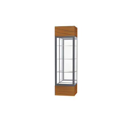 Keepsake Carmel Oak Lighted Display Case w/ Mirror back and Satin Natural Aluminum Frame, 80"H x 24"W x 24"D
