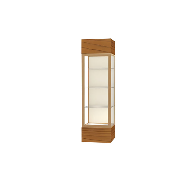 Keepsake Carmel Oak Lighted Display Case w/ Plaque Fabric back and Champagne Aluminum Frame, 80"H x 24"W x 24"D
