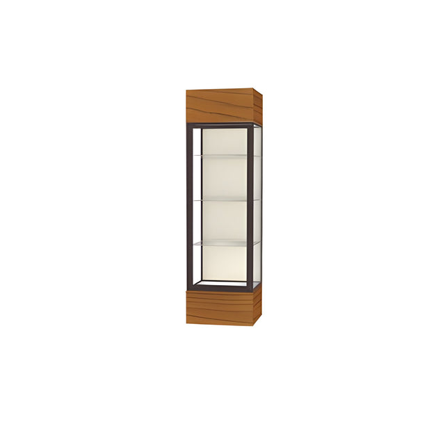 Keepsake Carmel Oak Lighted Display Case w/ Plaque Fabric back and Dark Bronze Aluminum Frame, 80"H x 24"W x 24"D