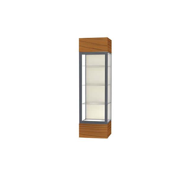 Keepsake Carmel Oak Lighted Display Case w/ Plaque Fabric back and Satin Natural Aluminum Frame, 80"H x 24"W x 24"D