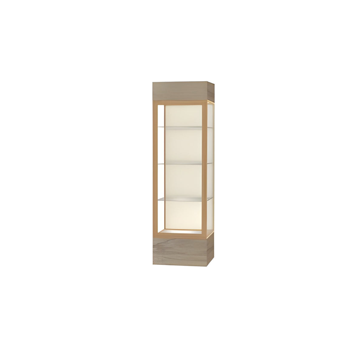 Keepsake Driftwood Oak Lighted Display Case w/ Plaque Fabric back and Champagne Aluminum Frame, 80"H x 24"W x 24"D