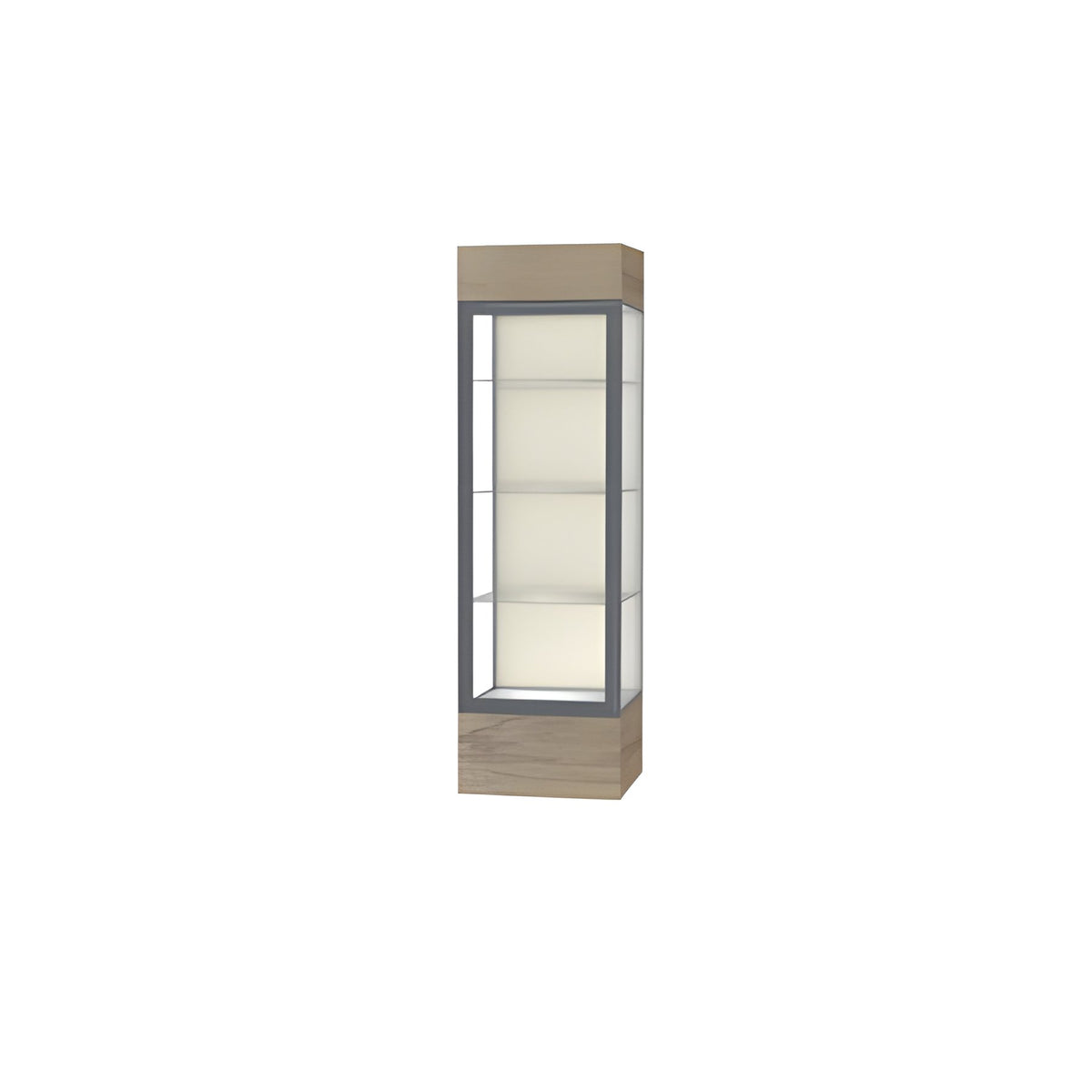 Keepsake Driftwood Oak Lighted Display Case w/ Plaque Fabric back and Satin Natural Aluminum Frame, 80"H x 24"W x 24"D