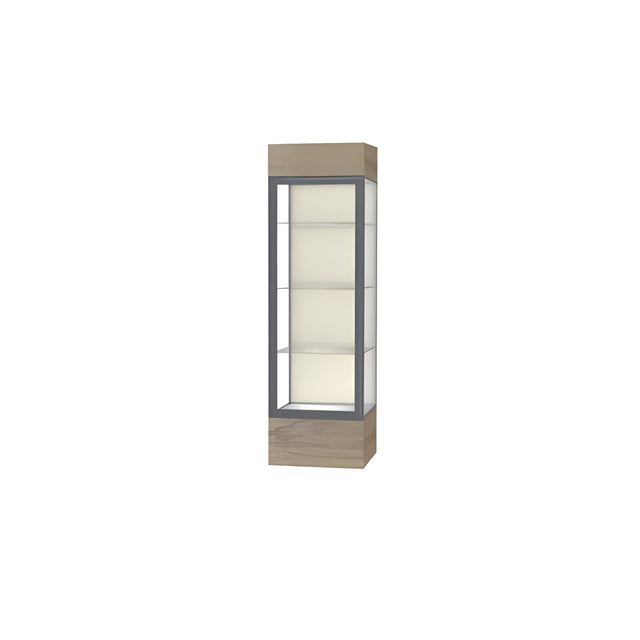 Keepsake Driftwood Oak Lighted Display Case w/ Plaque Fabric back and Satin Natural Aluminum Frame, 80"H x 24"W x 24"D