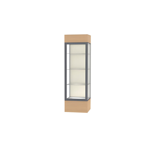 Keepsake Natural Oak Lighted Display Case w/ Plaque Fabric back and Satin Natural Aluminum Frame, 80"H x 24"W x 24"D