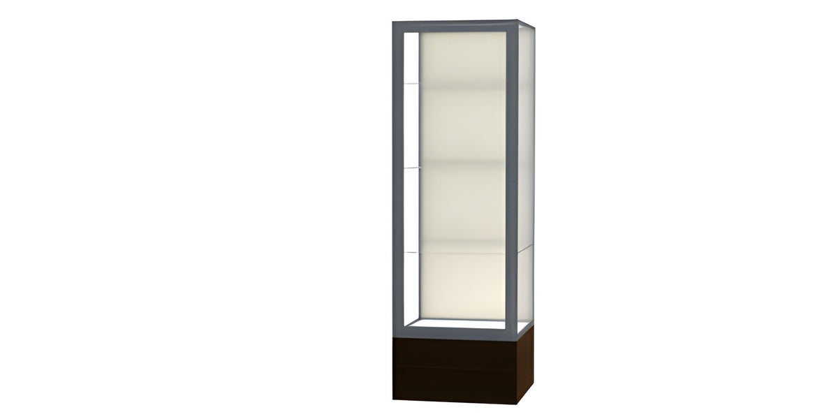 Keepsake Walnut Vinyl Floor Display Case w/ Plaque Fabric back and Satin Natural Aluminum Frame, 72"H x 24"W x 24"D
