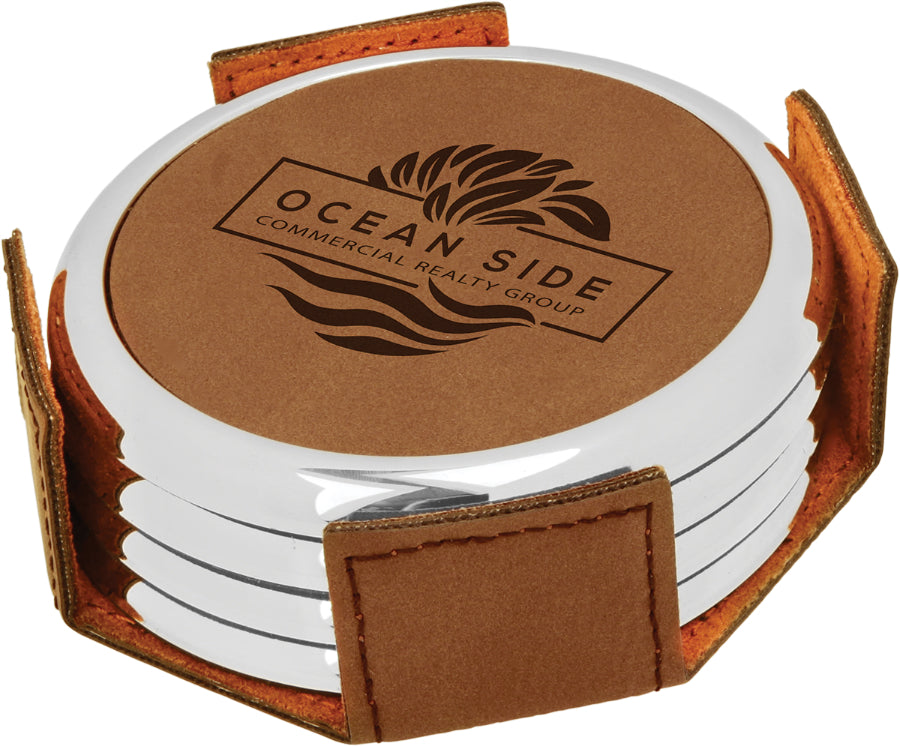 Leatherette Round Coaster Set with Metallic Edging