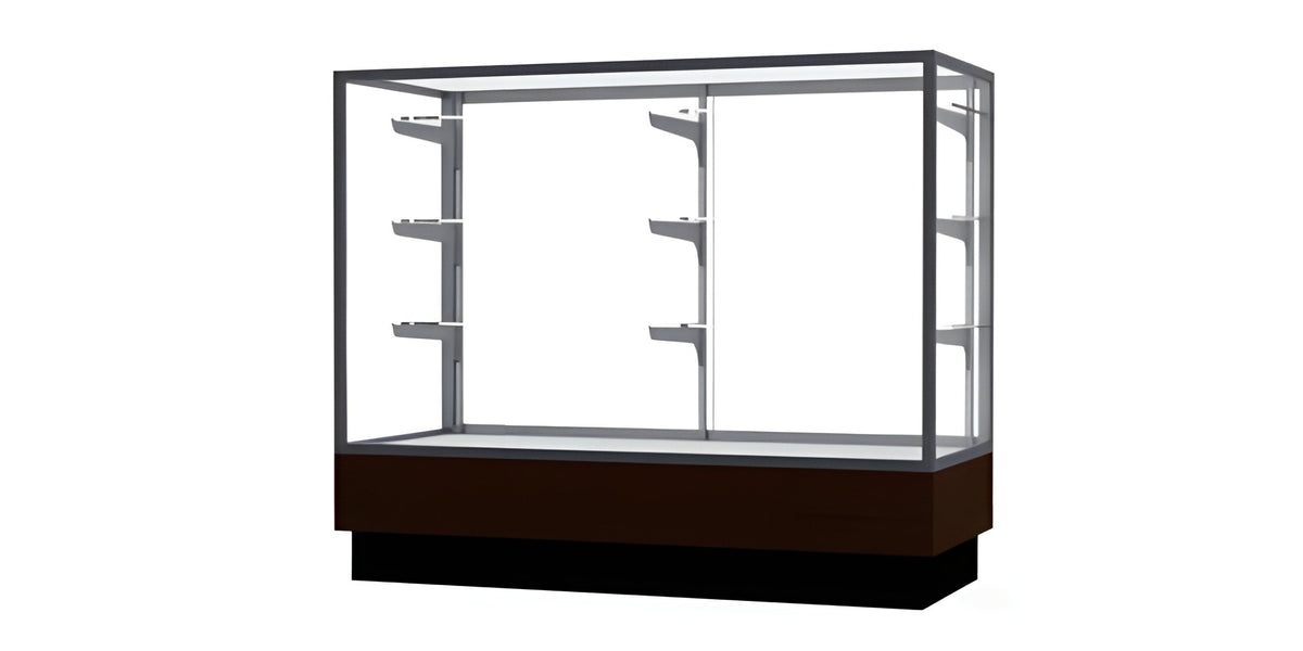 Merchandiser Walnut Vinyl Display Case, w/ Satin Natural Aluminum Frame, 40"H x 48"W x 20"D